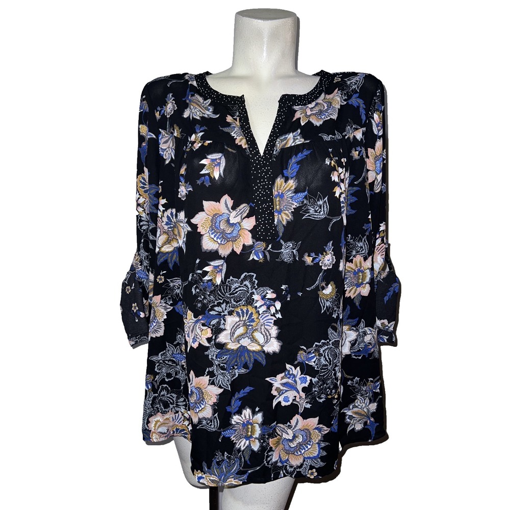 New Les Serein Size 1X Floral Polka Dot Mixed Print Blouse Roll Tab Sleeve Black